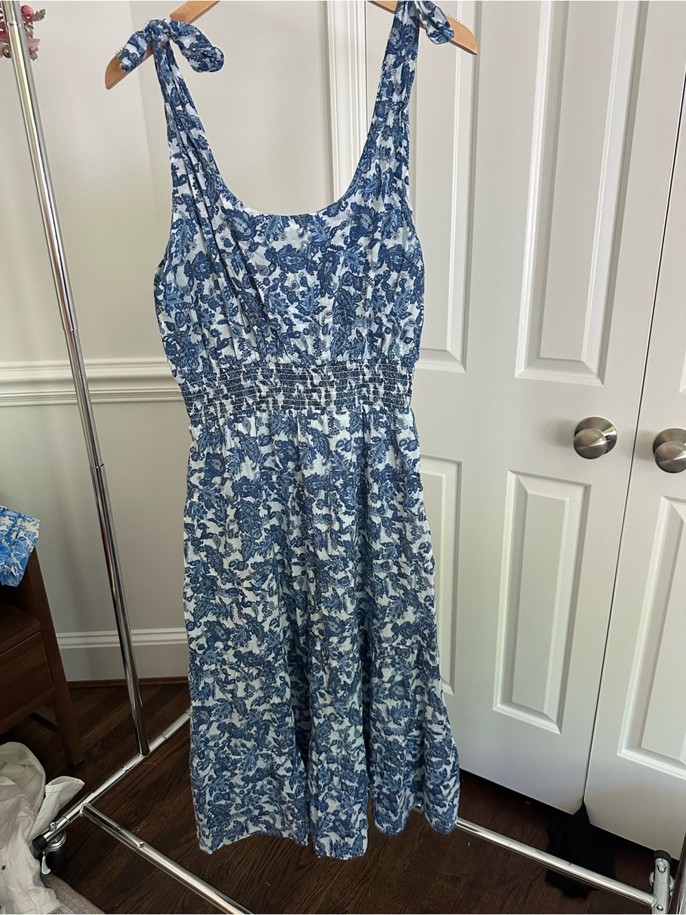 Chelsea & Theodore Blue and White Tie-Shoulder Maxi Dress